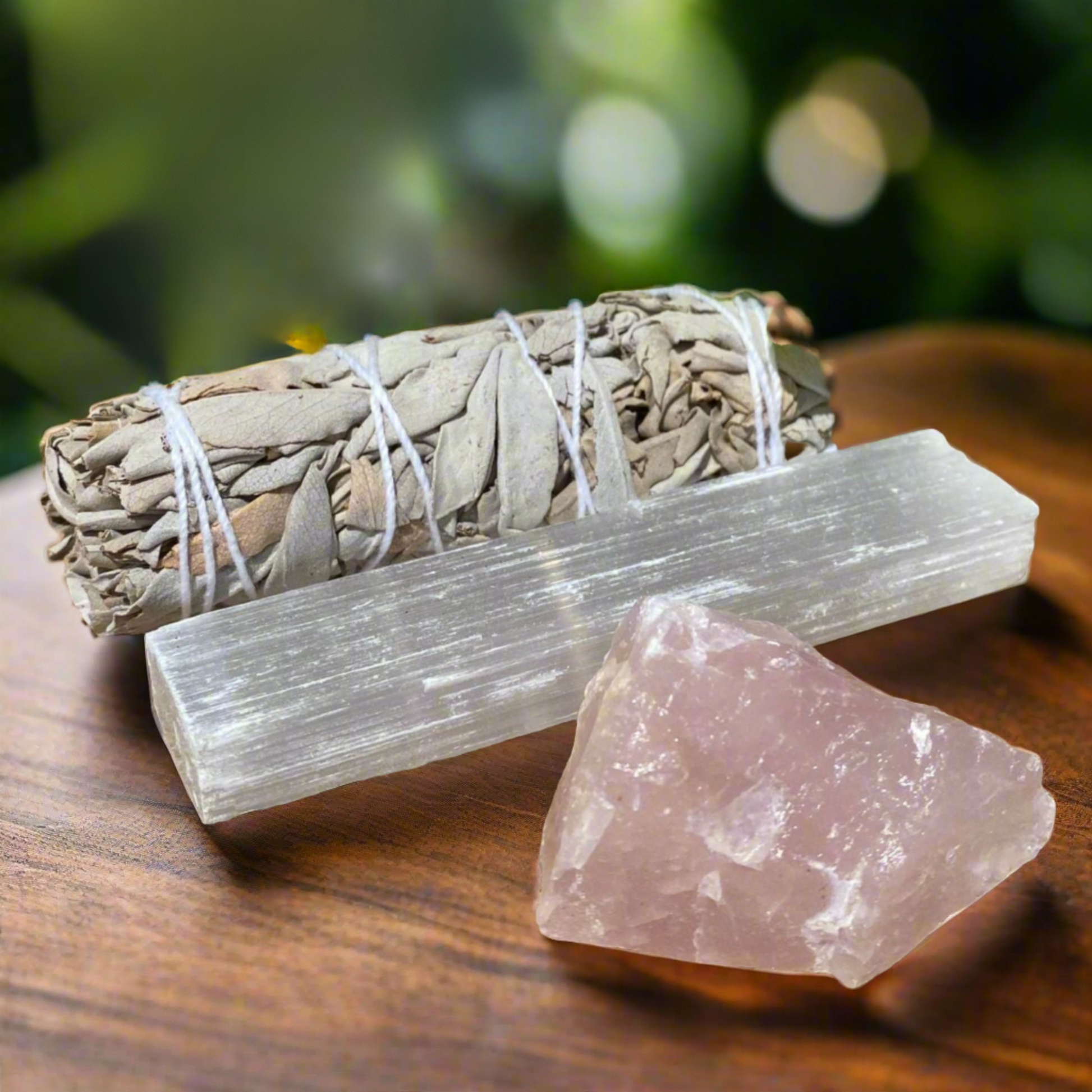 Sage Smudge Stick, Rose Quartz Cluster and Selenite Rod