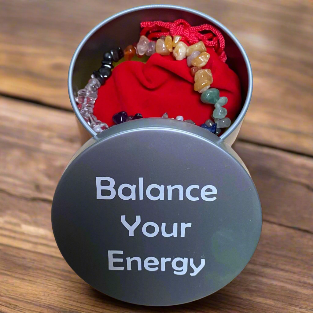 Balance Your Energy Manifestation Tin with Chakra Tumble stones and Bracelet