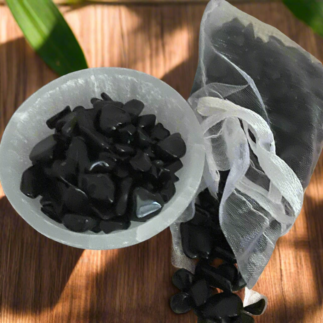 Black Obsidian Crystal Chips in Organza bag