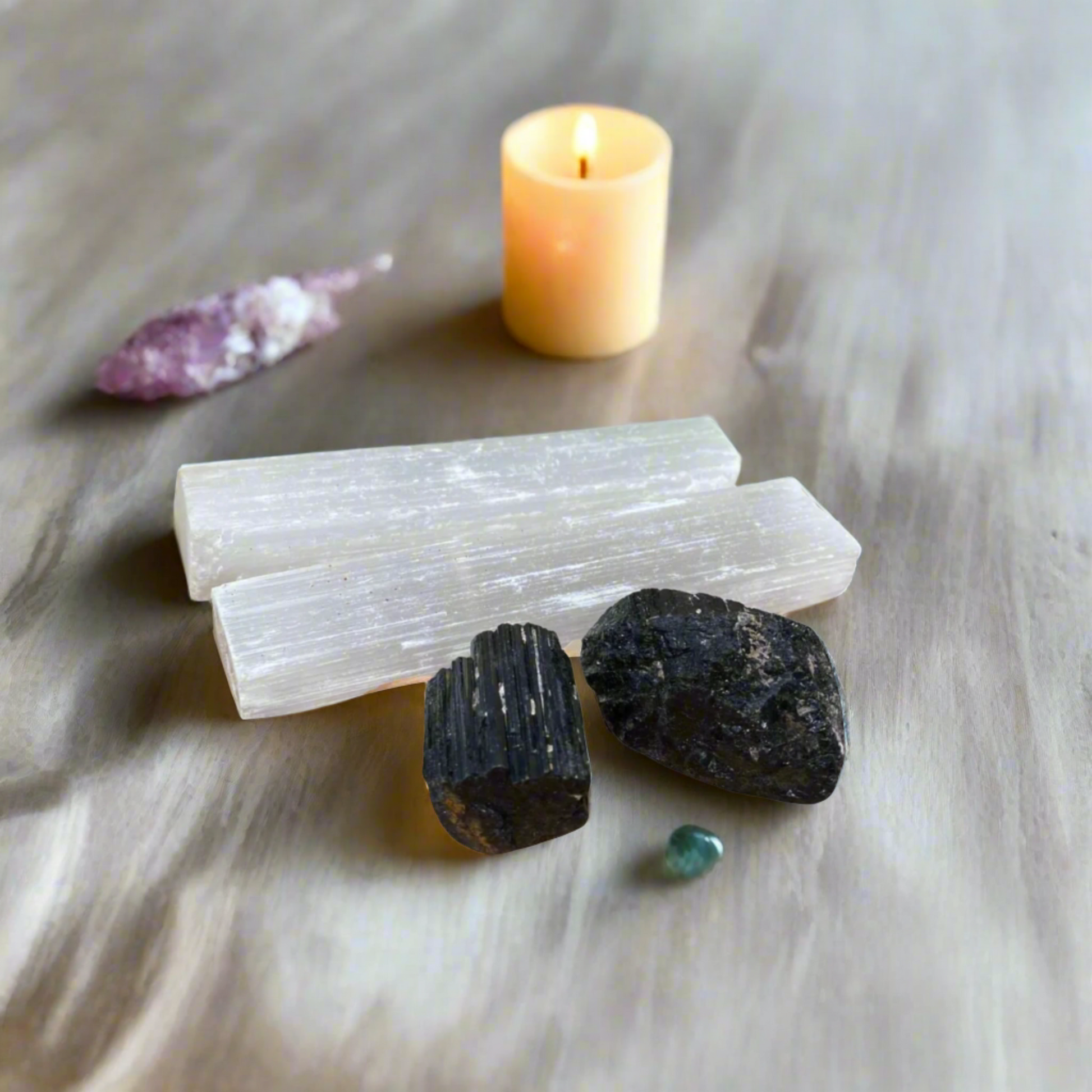 Selenite & Black Tourmaline Crystal Set – Energy Cleansing & Protection