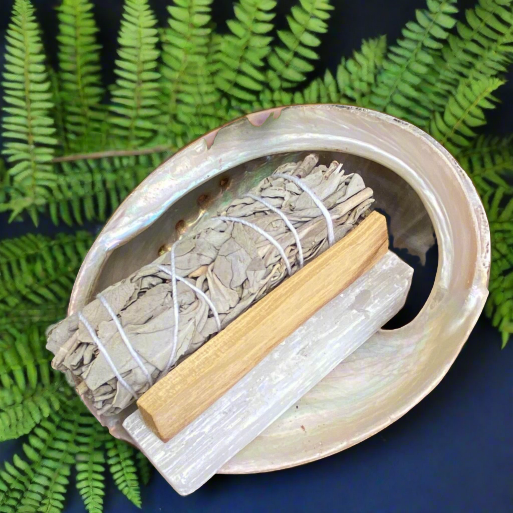 Abalone Shell with Sage Stick, Palo Santo Stick and Selenite