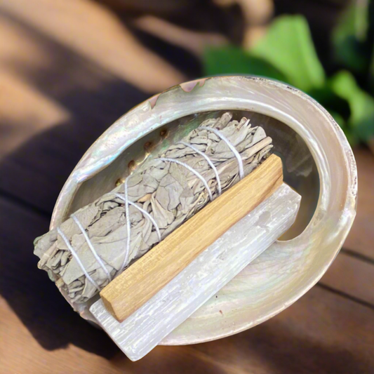 Abalone Shell, Sage Smudge Sticke, Palo Santo Stick and Selenite Rod