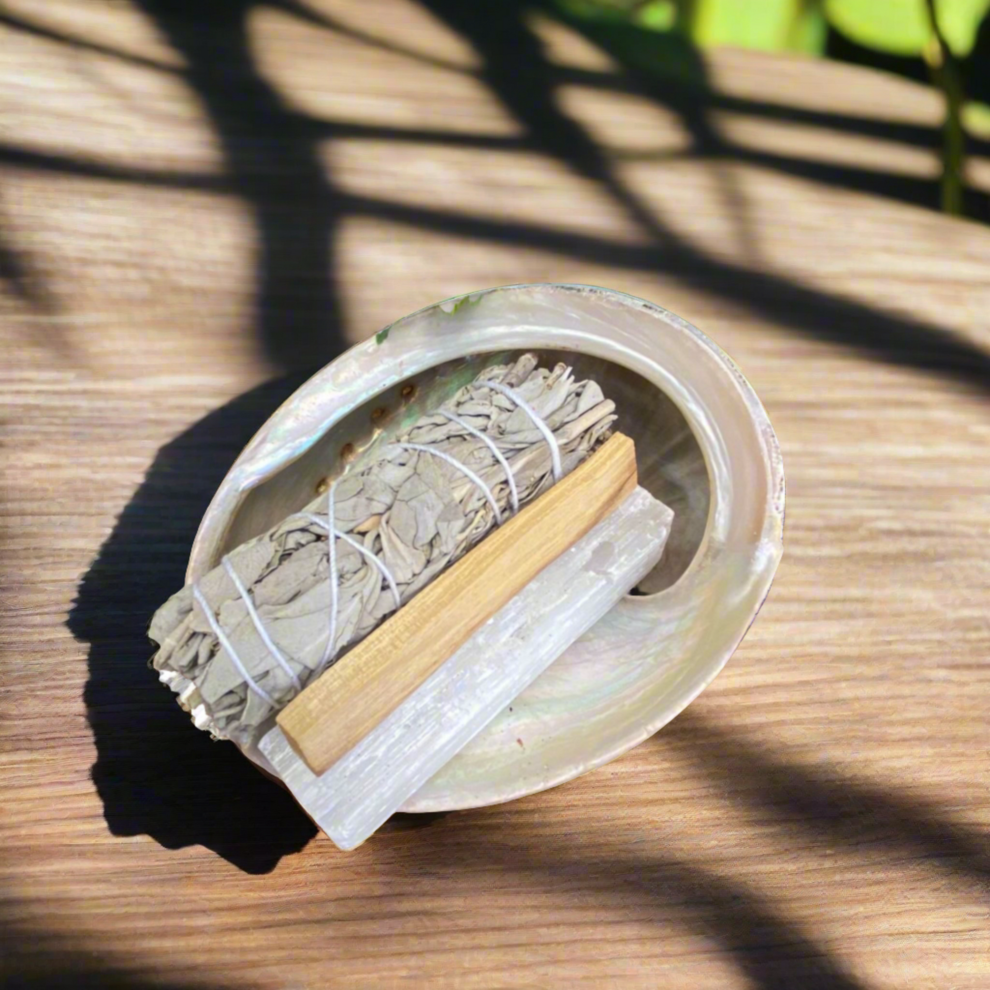 Abalone Shell, Sage Smudge Sticke, Palo Santo Stick and Selenite Rod