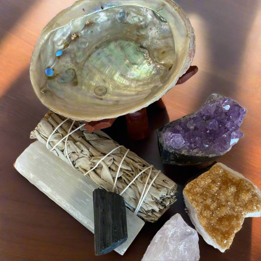 Abalone Shell, Amethyst, Citrine, Selenite, Tourmaline, Rose Quartz, Sage