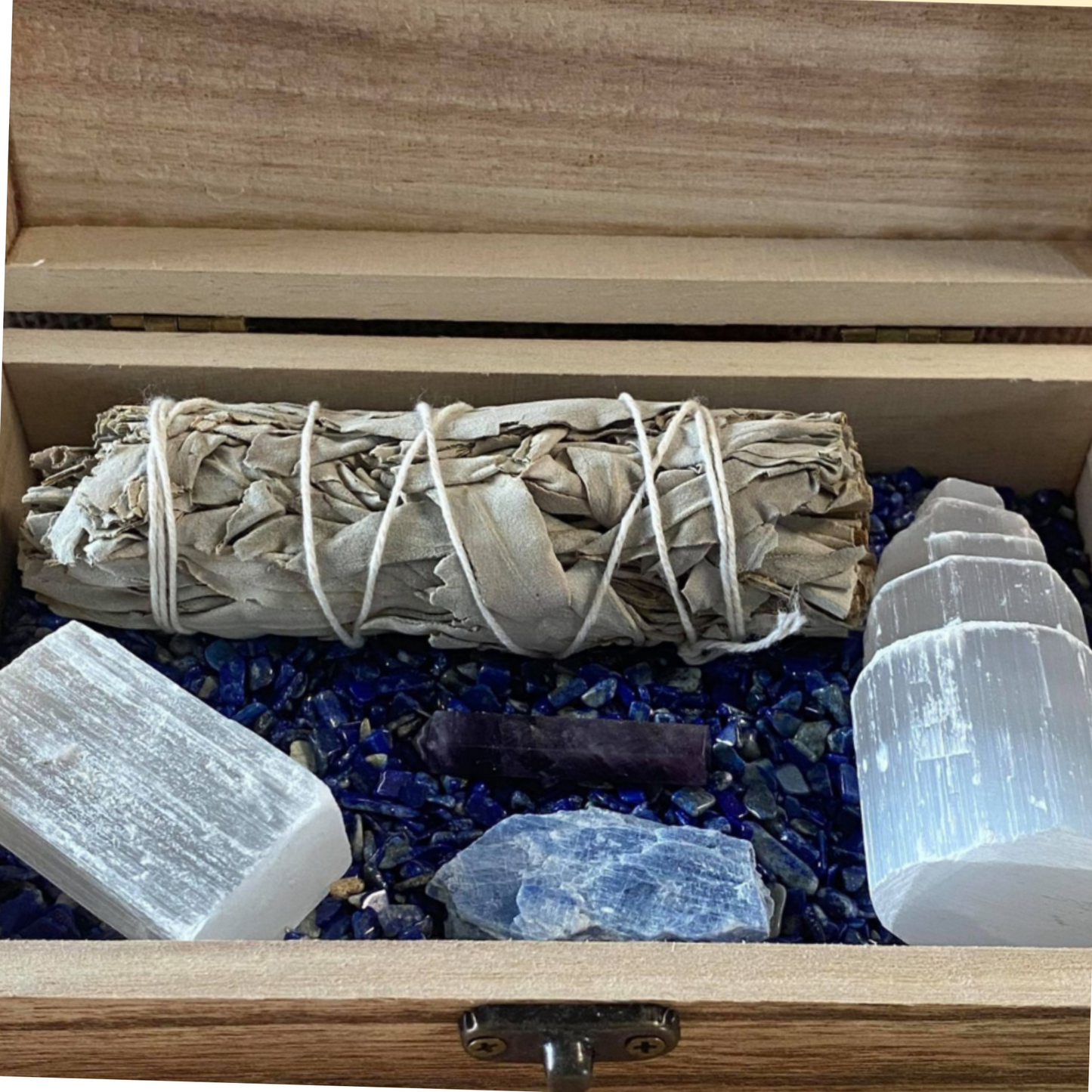 Wooden Treasure Chest with Crystals and Sage for protection