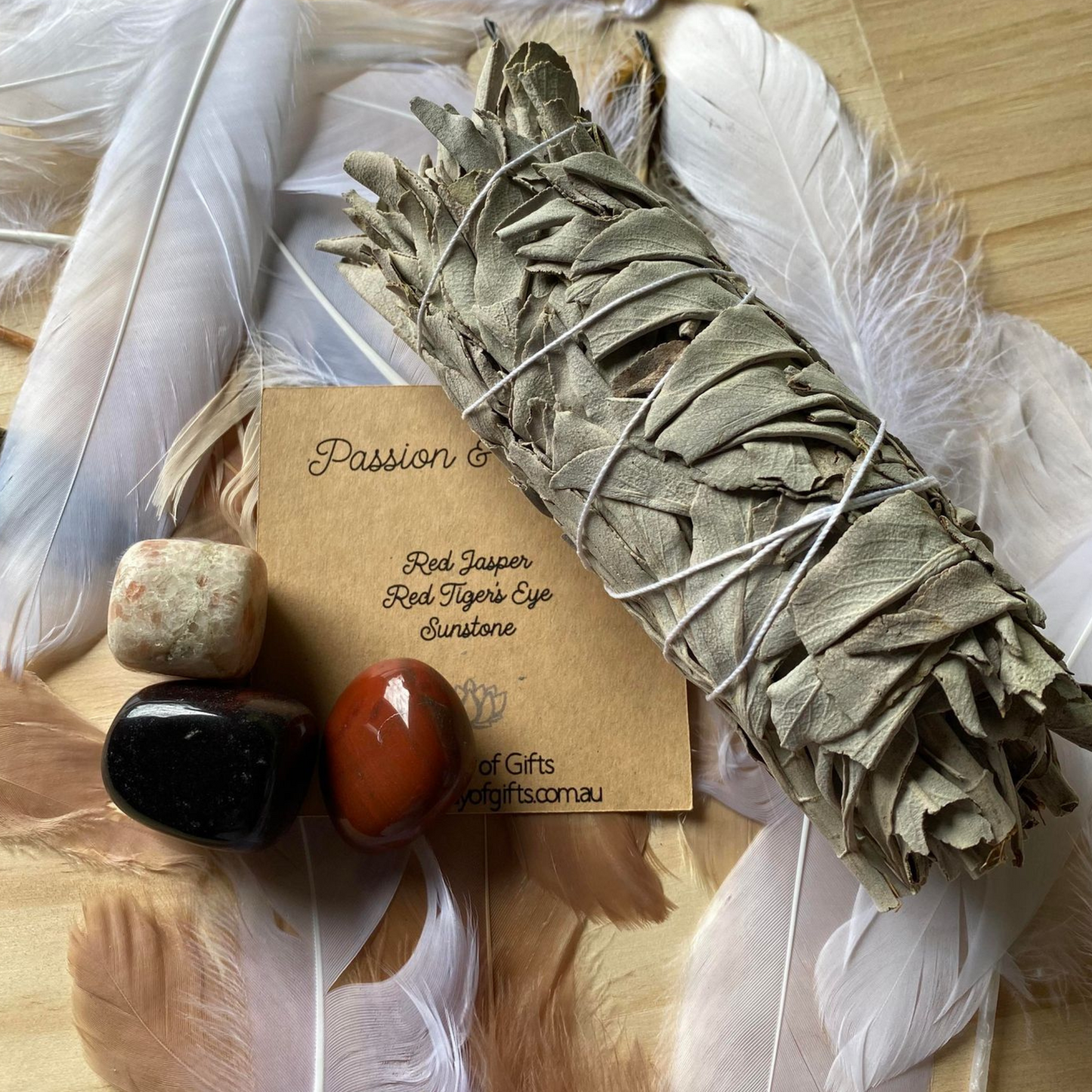 Tumble stones for Passion and Vitality - Red Jasper, Red Tiger's Eye and Sunstone and Medium Sage Smudge stick