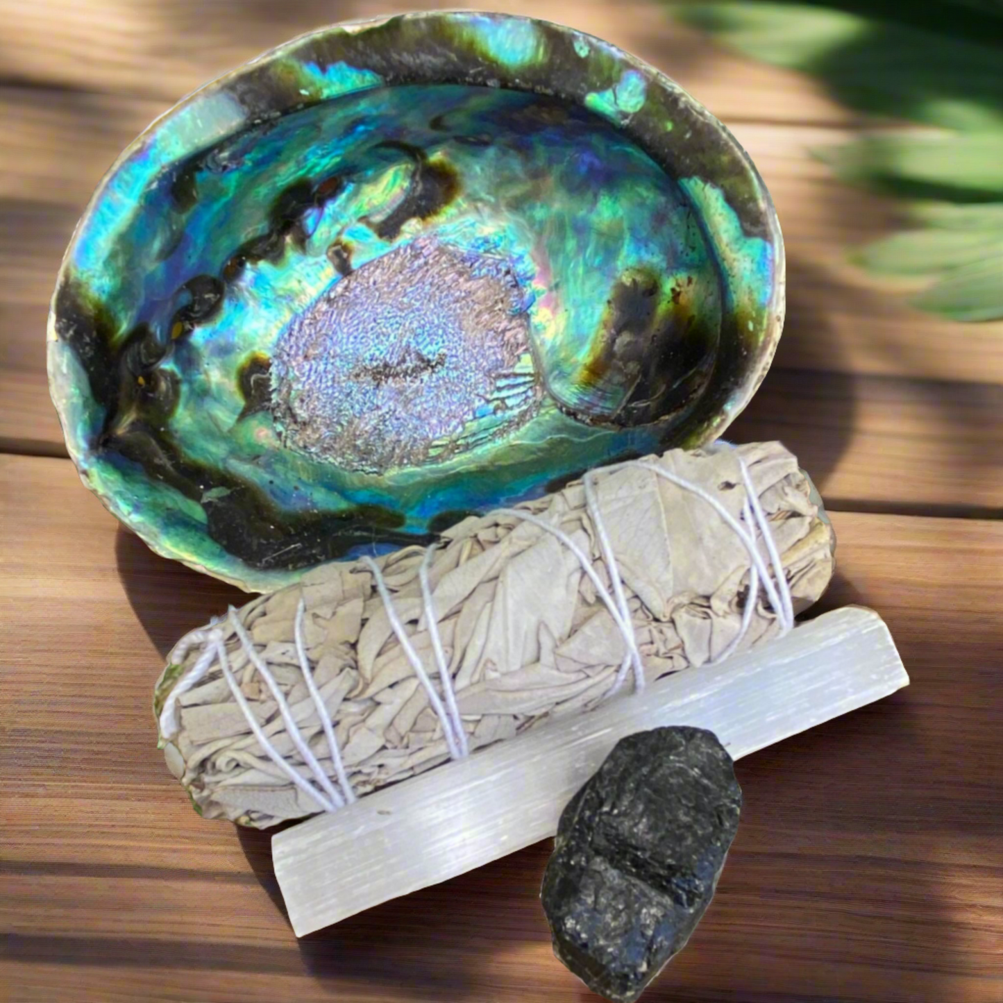 Abalone Shell, Sage Smudge Stick, Black Tourmaline & Selenite