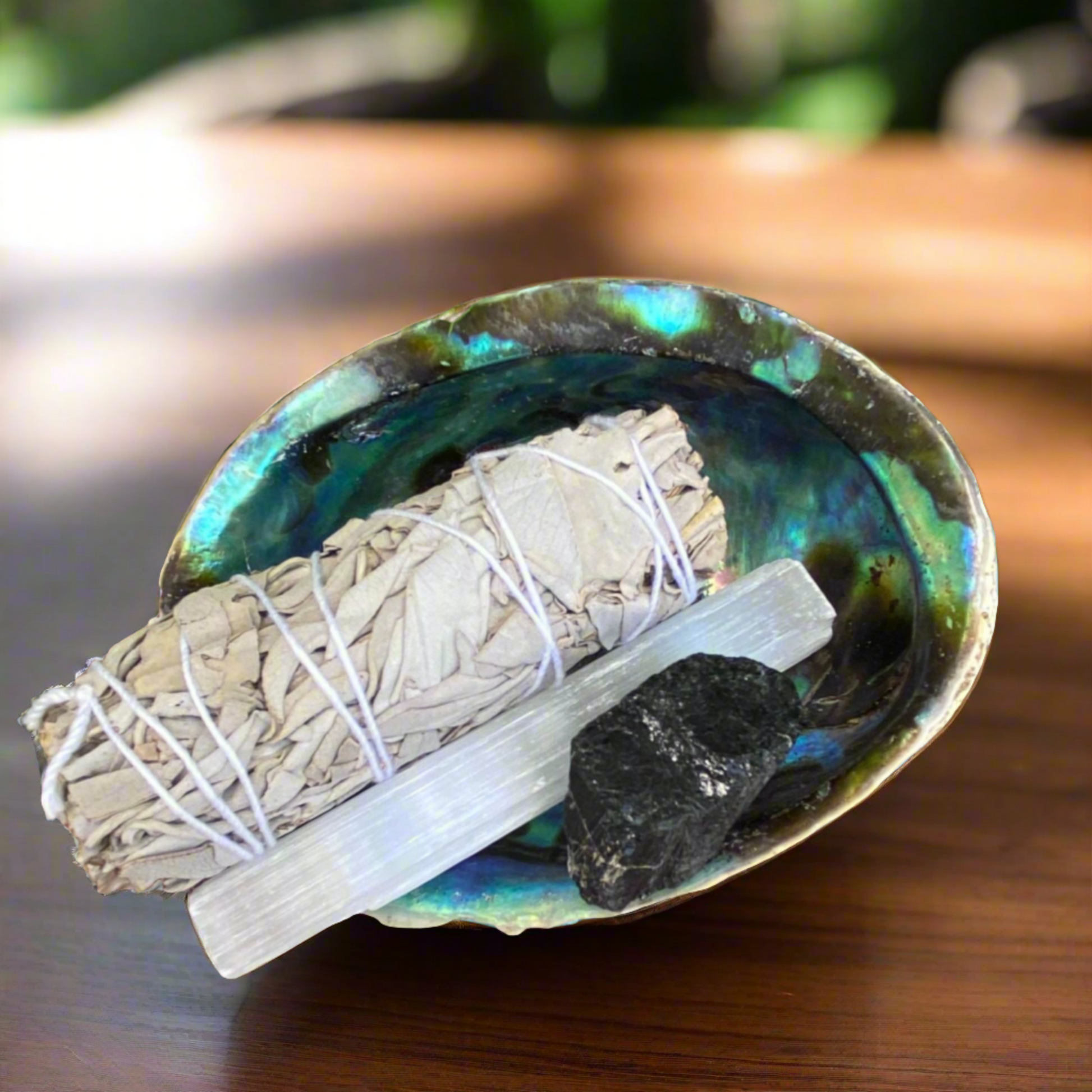 Abalone Shell, Sage Smudge Stick, Black Tourmaline & Selenite