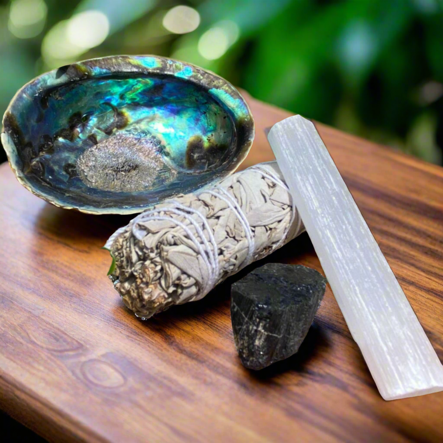 Abalone Shell, Sage Smudge Stick, Black Tourmaline & Selenite