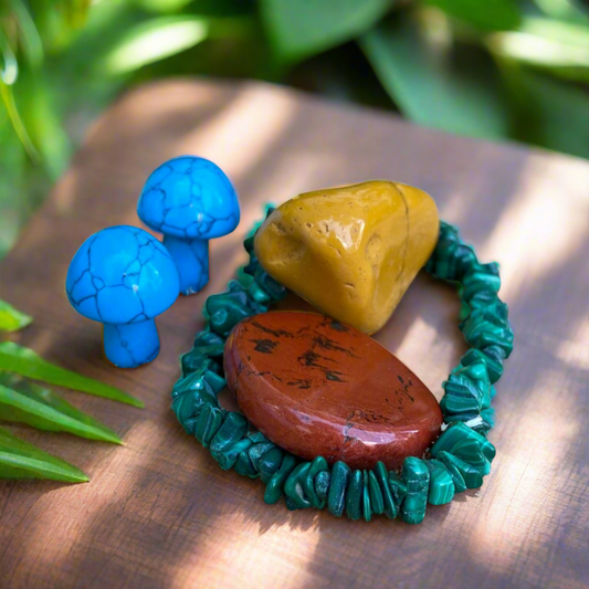 Friendship Crystal Pack - 1 x Jasper Flat Stone 2 x Lapis Lazuli Mini Mushrooms 1 x Malachite Chip Bracelet 1 x Mookaite Tumble Stone