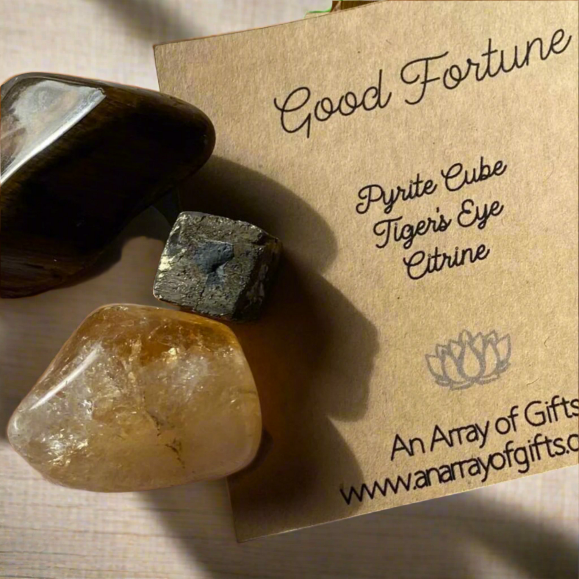 Pyrite Cube, Tigers Eye and Citrine Tumble Stones