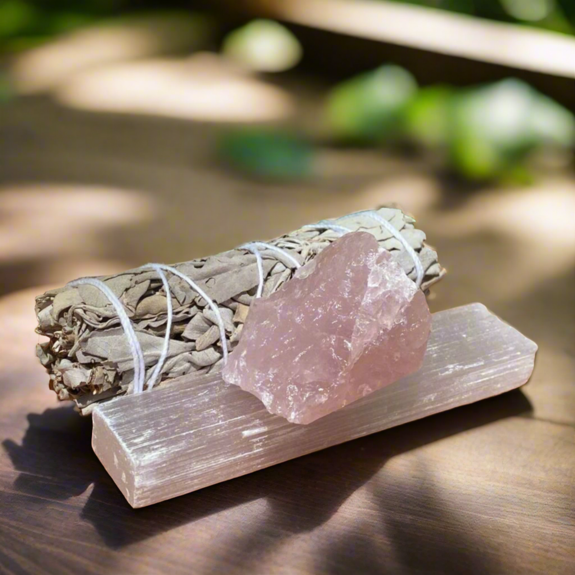 Sage Smudge Stick, Rose Quartz Cluster and Selenite Rod