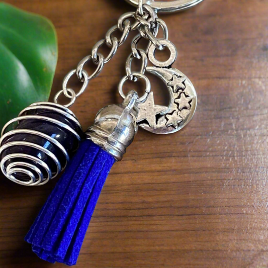 Key Ring with Blue Tassell and Amethyst Tumble Stone