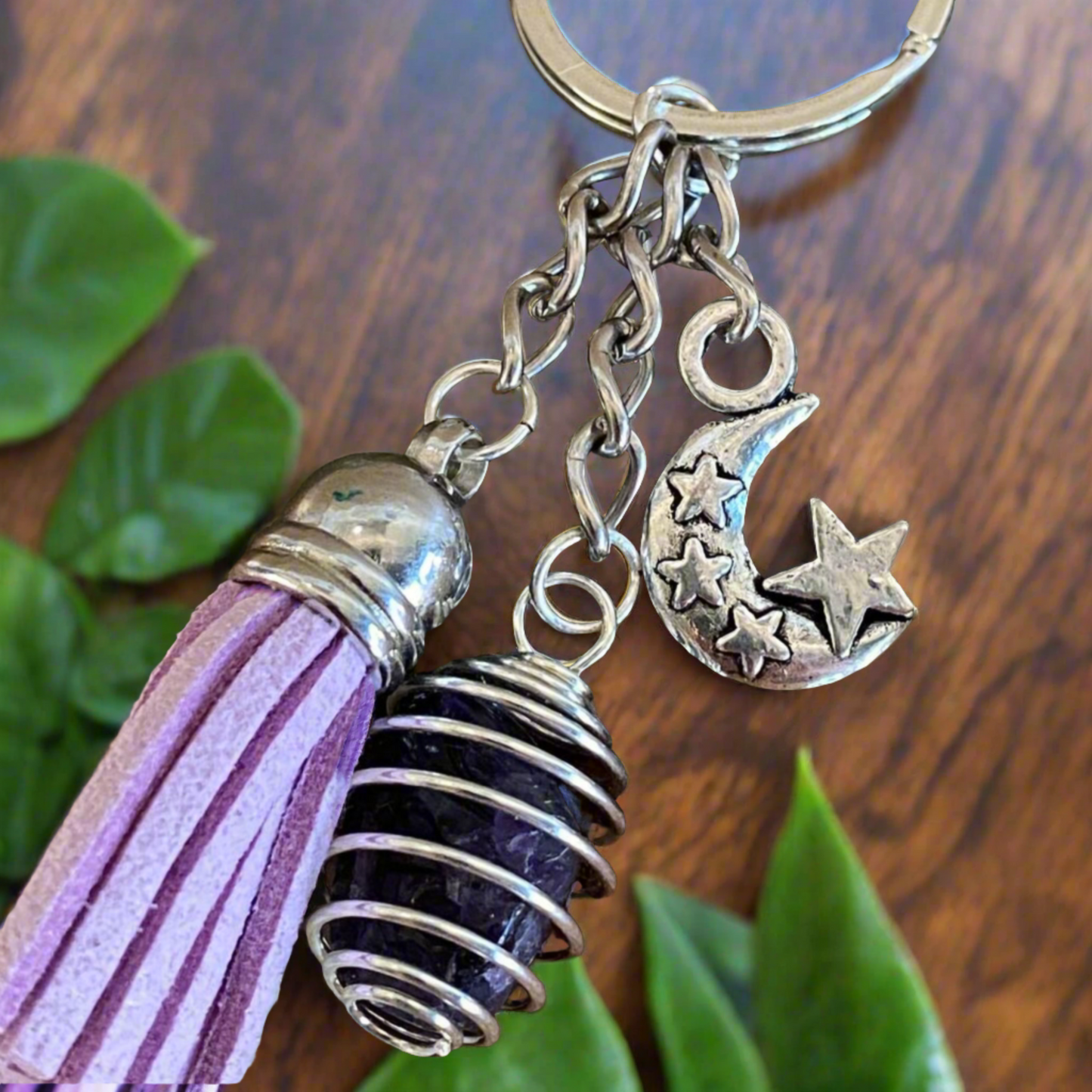 Key Ring with Purple Tassell and Amethyst Tumble Stone