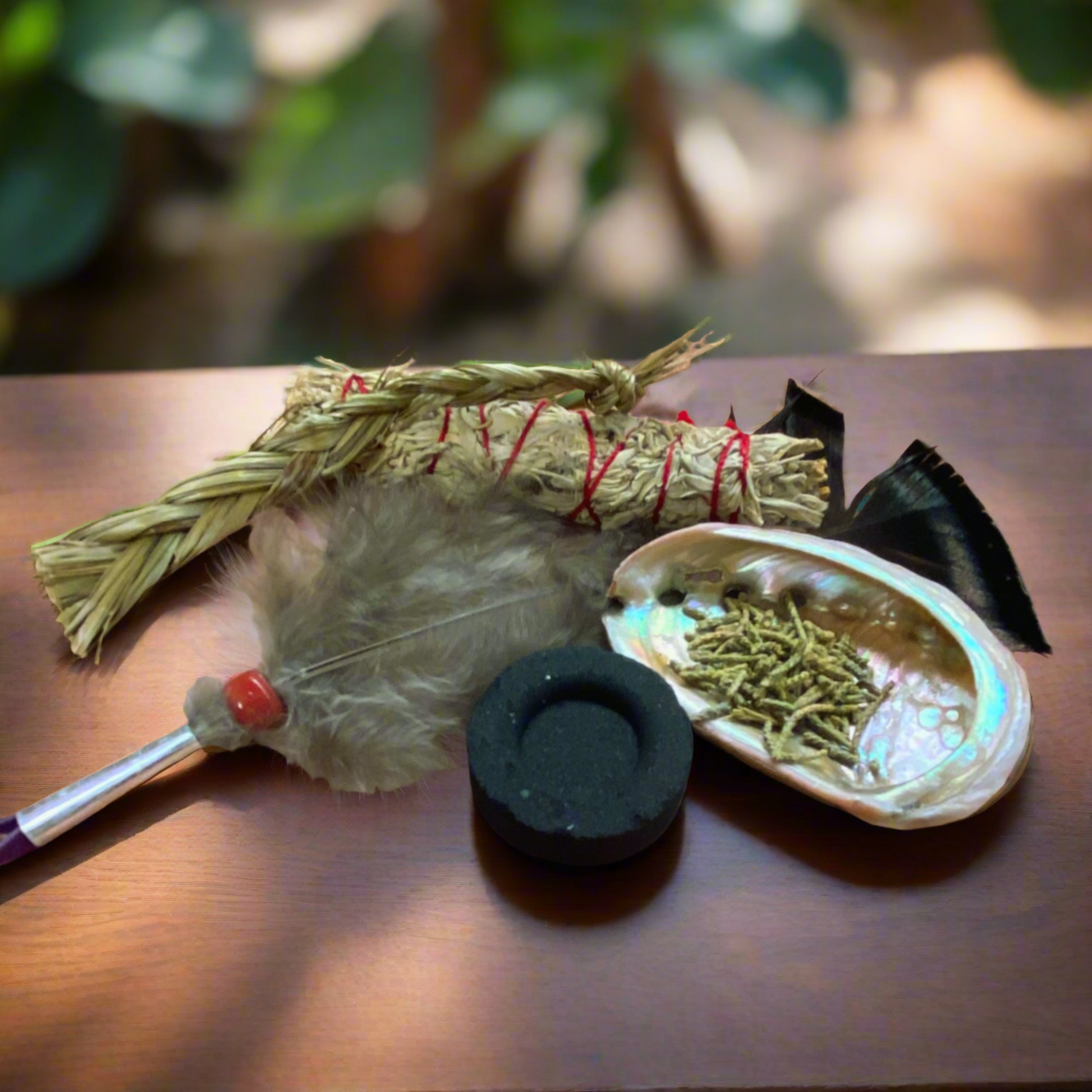 Mini Smudging Kit -  Pack of Cedar, Sweetgrass Bundle, Charcoal Tablet, Mini Abalone Shell, Mini Fan