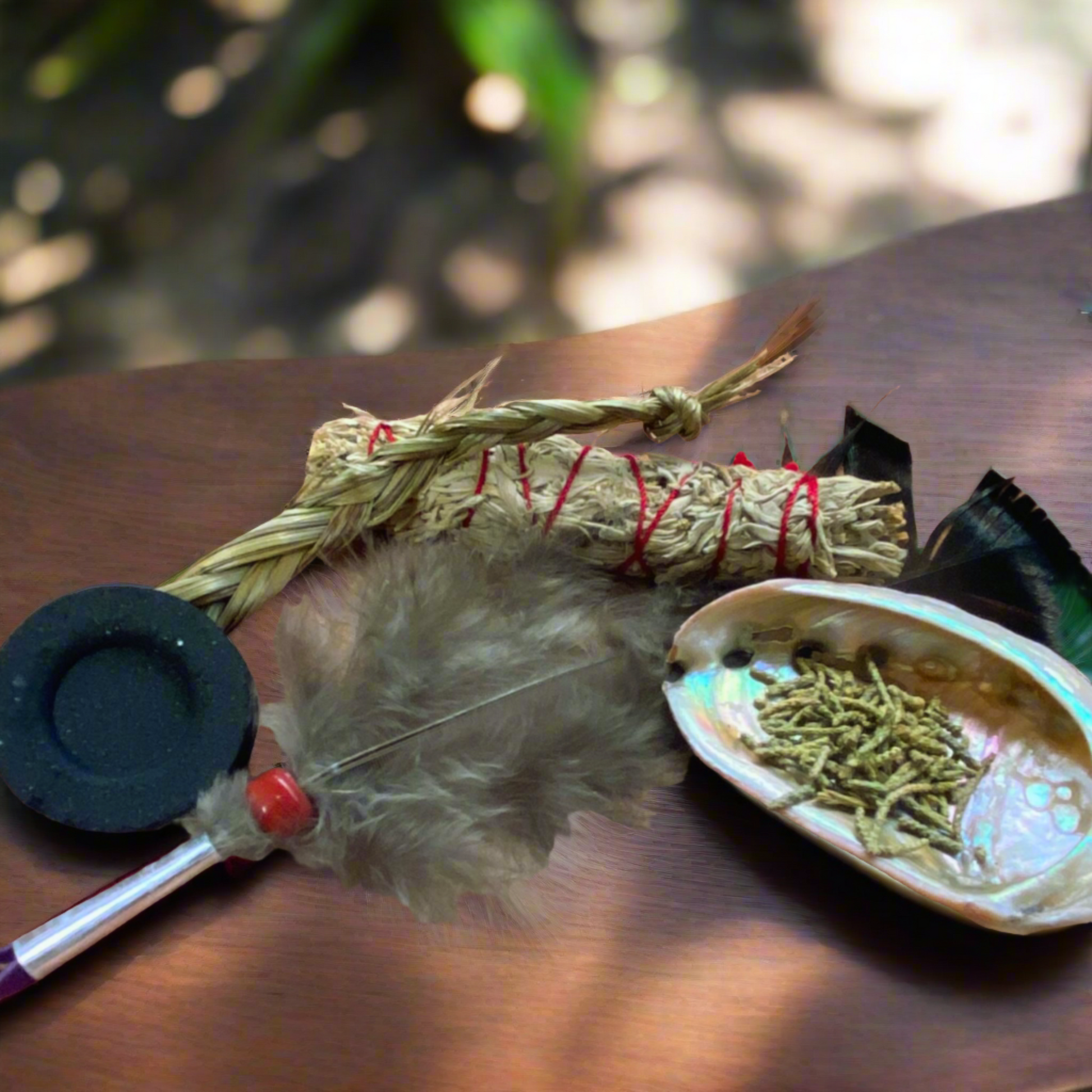 Mini Smudging Kit -  Pack of Cedar, Sweetgrass Bundle, Charcoal Tablet, Mini Abalone Shell, Mini Fan