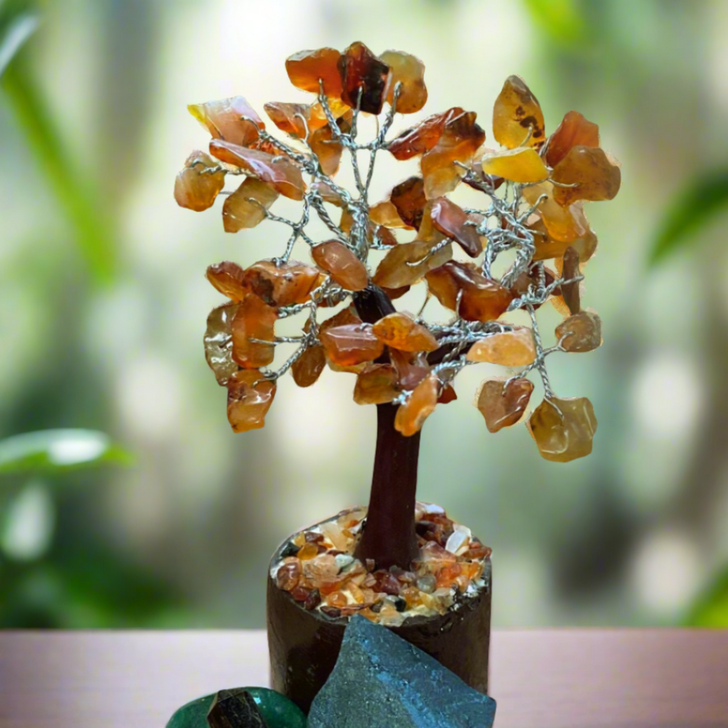 Carnelian Fairy Size Crystal Tree,   Hematite Raw Crystal,  Tiger's Eye Small Obelisk,  Green Aventurine Tumble Stone