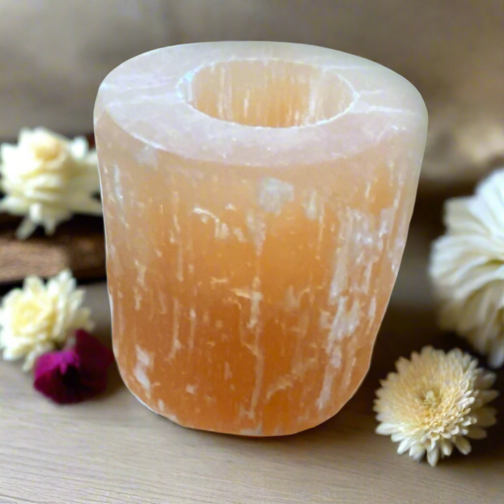 Orange Selenite Candle Holder | Elegant Crystal Decor & Spiritual Energy