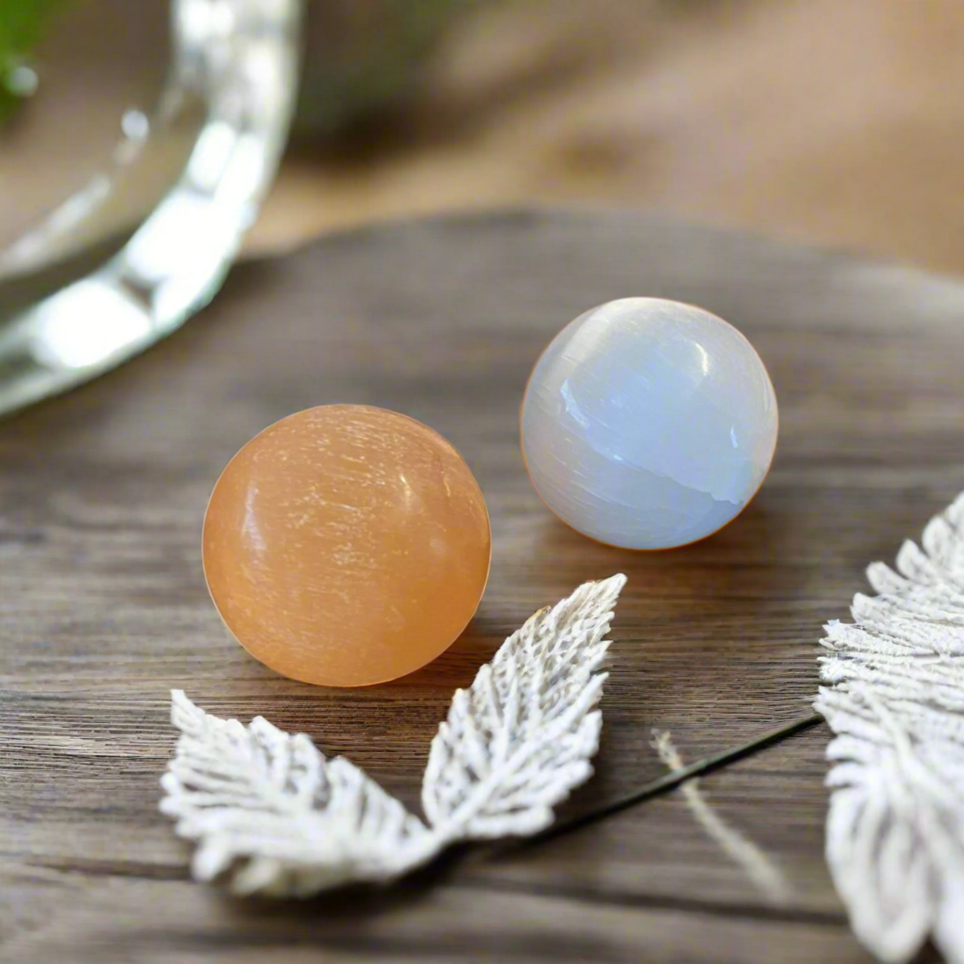 Orange and White Selenite Spheres