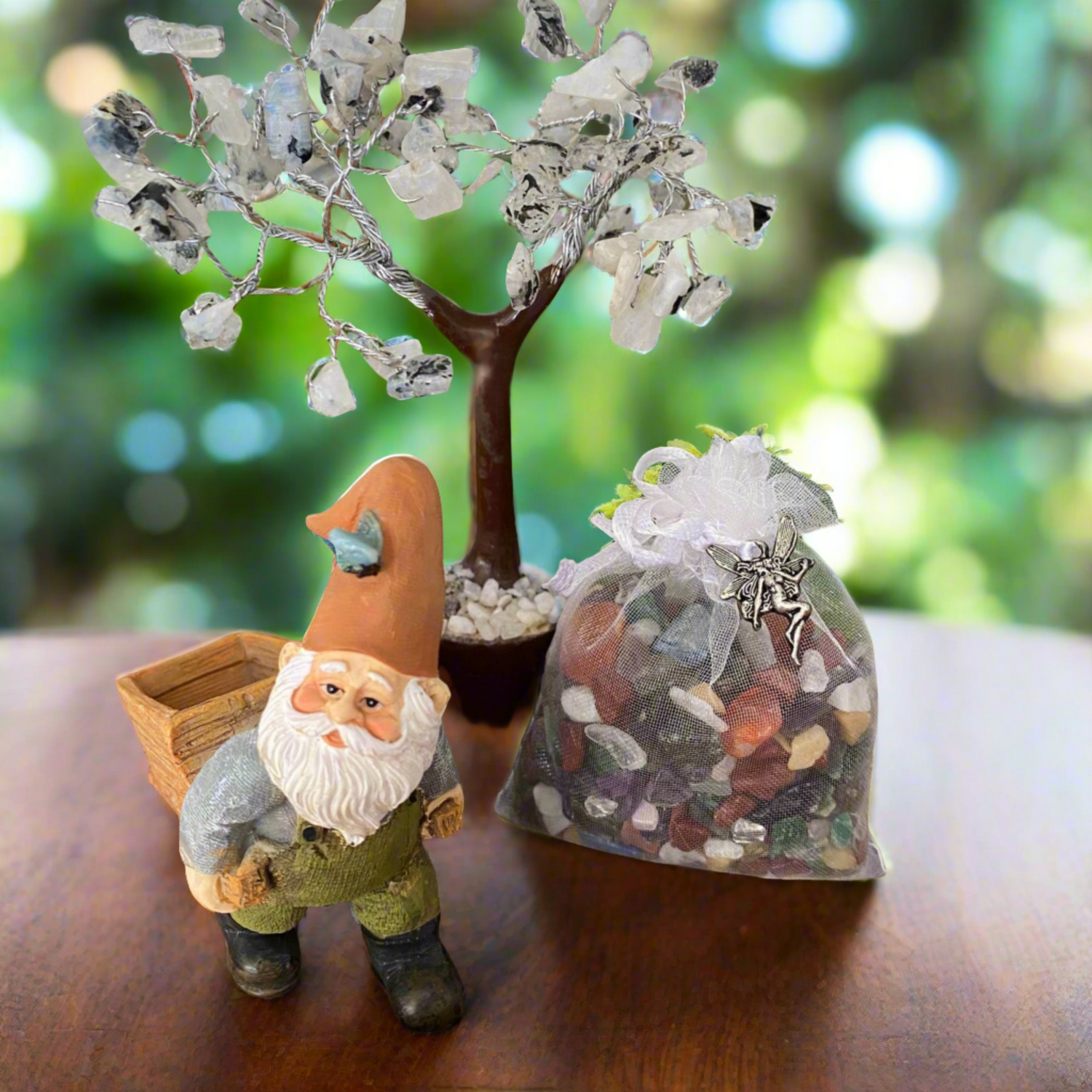 Gnome with Wheelbarrow, Rainbow Moonstone Fairy Tree, Bag of Crystal Chips with Fairy Charm