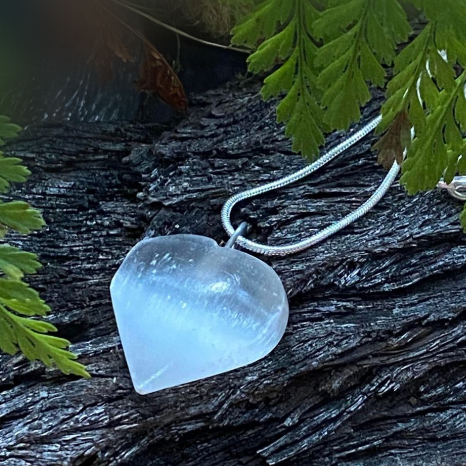 Selenite Heart Pendant with Sterling Silver Necklace