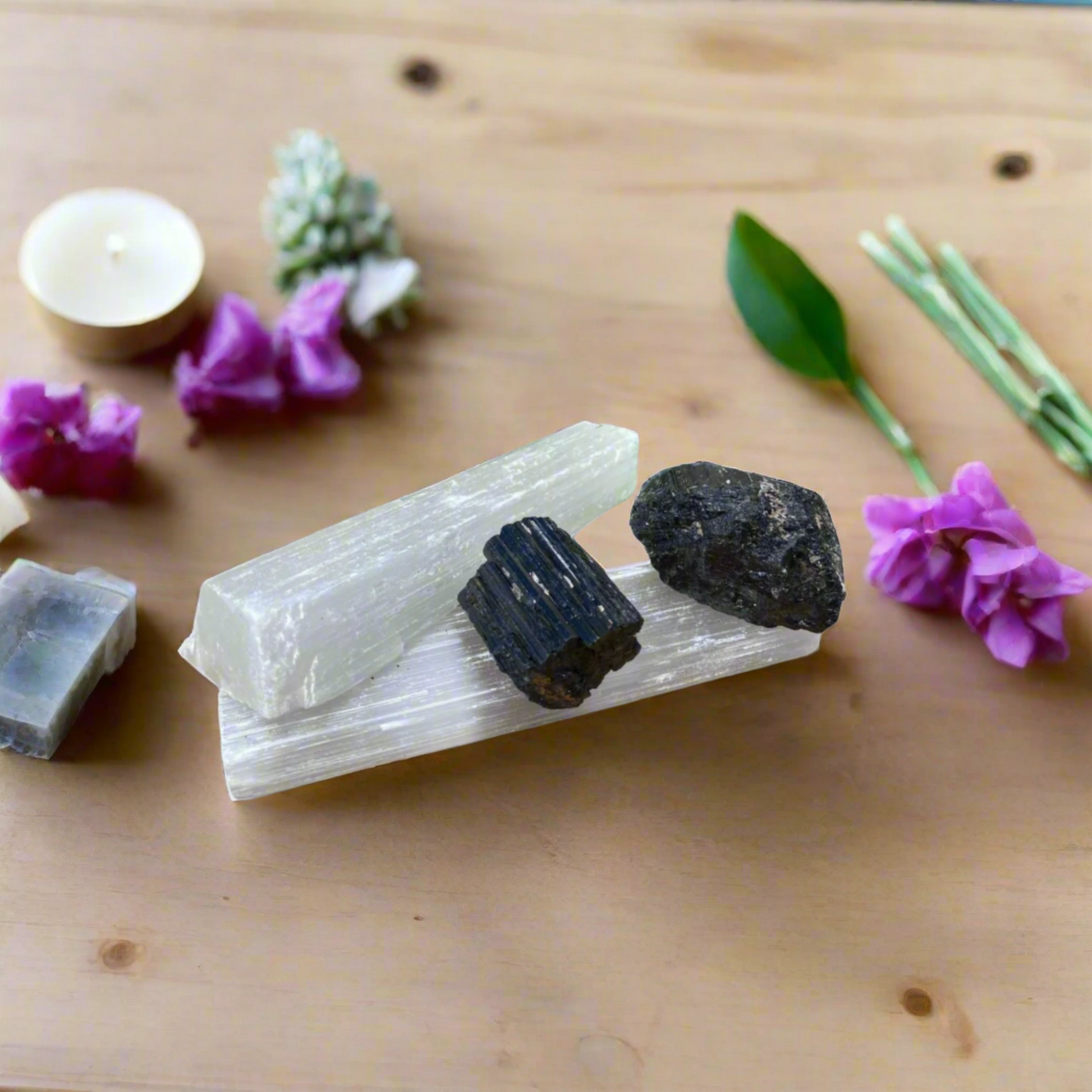 Selenite & Black Tourmaline Crystal Set – Energy Cleansing & Protection