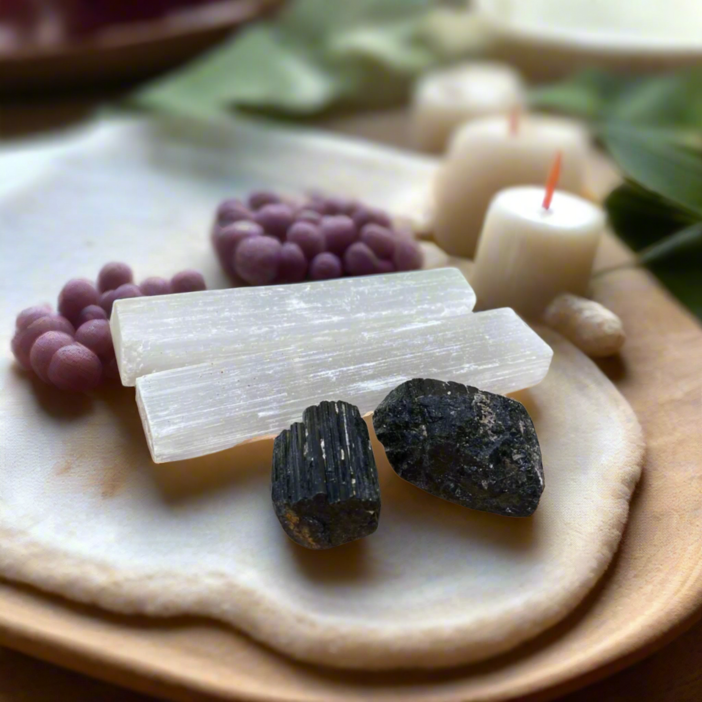 Selenite & Black Tourmaline Crystal Set – Energy Cleansing & Protection