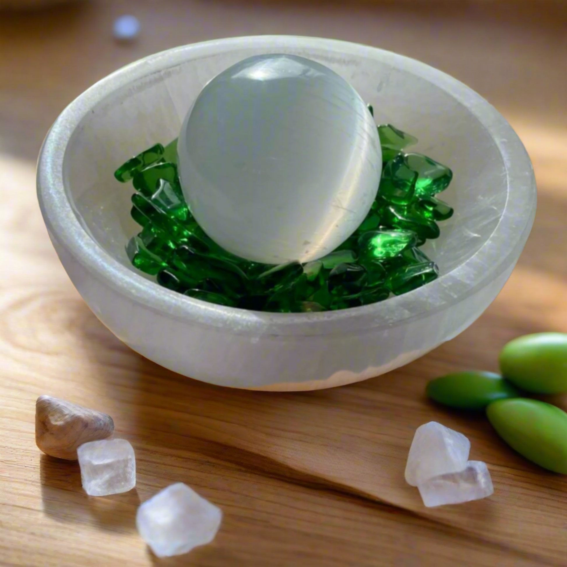 Selenite Bowl, Sphere and Green Obsidian Crystals