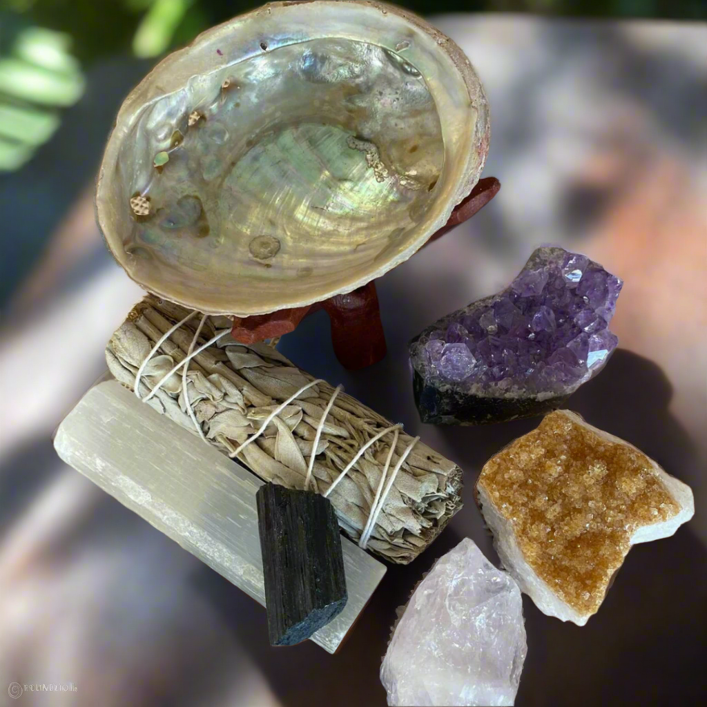 Abalone Shell, Amethyst, Citrine, Selenite, Tourmaline, Rose Quartz, Sage