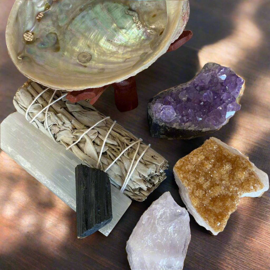 Abalone Shell, Amethyst, Citrine, Selenite, Tourmaline, Rose Quartz, Sage