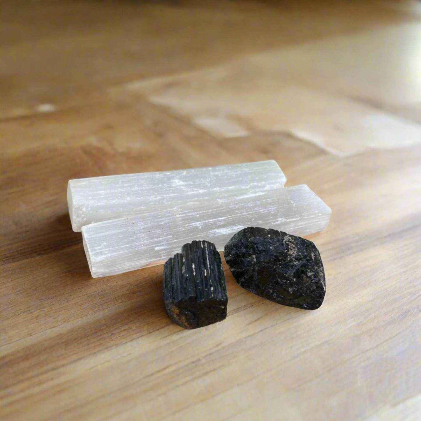 Selenite & Black Tourmaline Crystal Set – Energy Cleansing & Protection