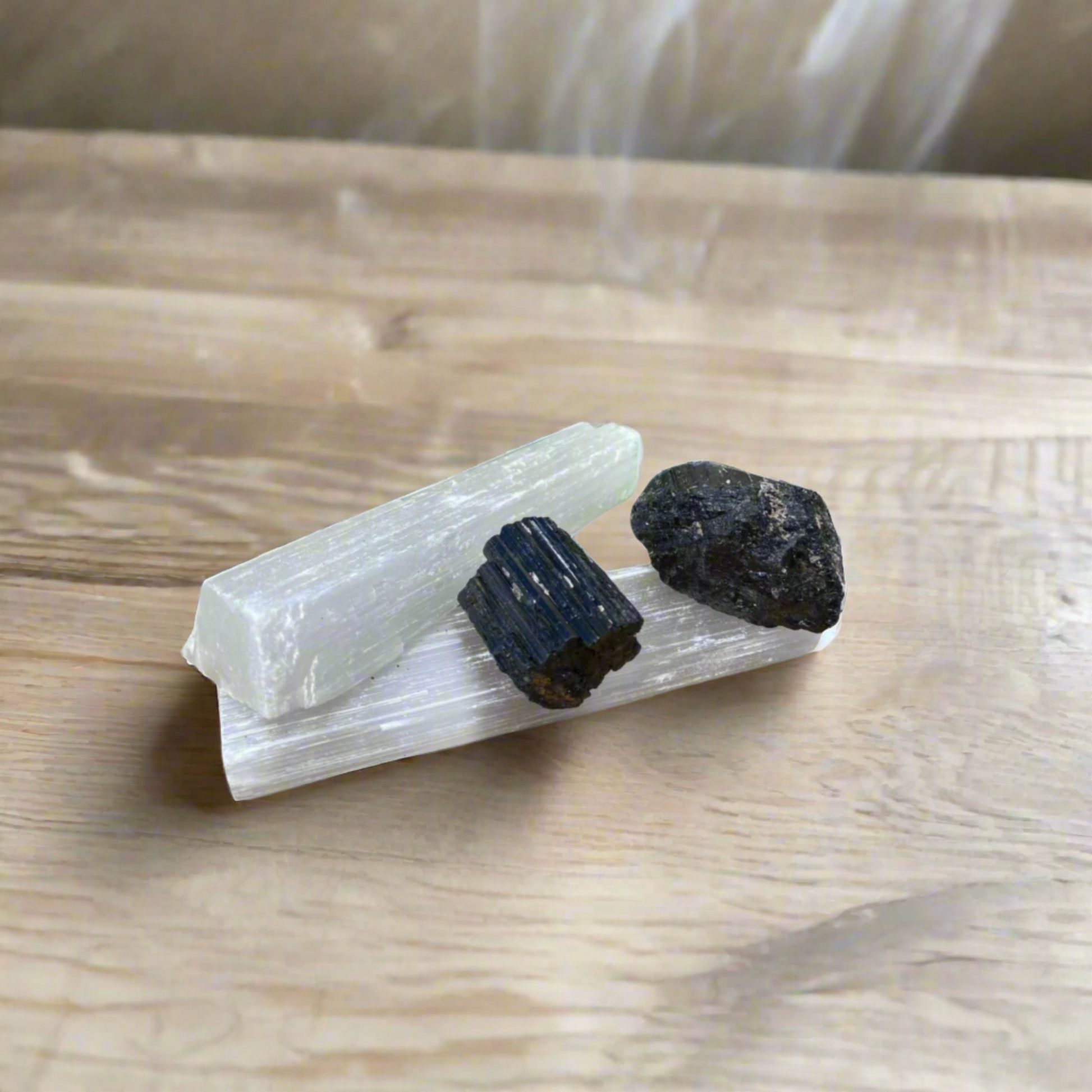 Selenite & Black Tourmaline Crystal Set – Energy Cleansing & Protection