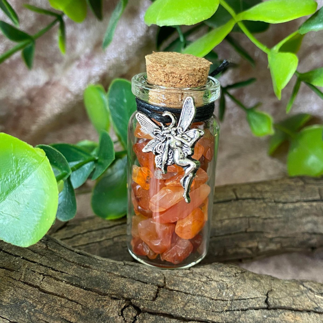 Carnelian Crystal Fairy Small Glass Jar with Fairy Charm