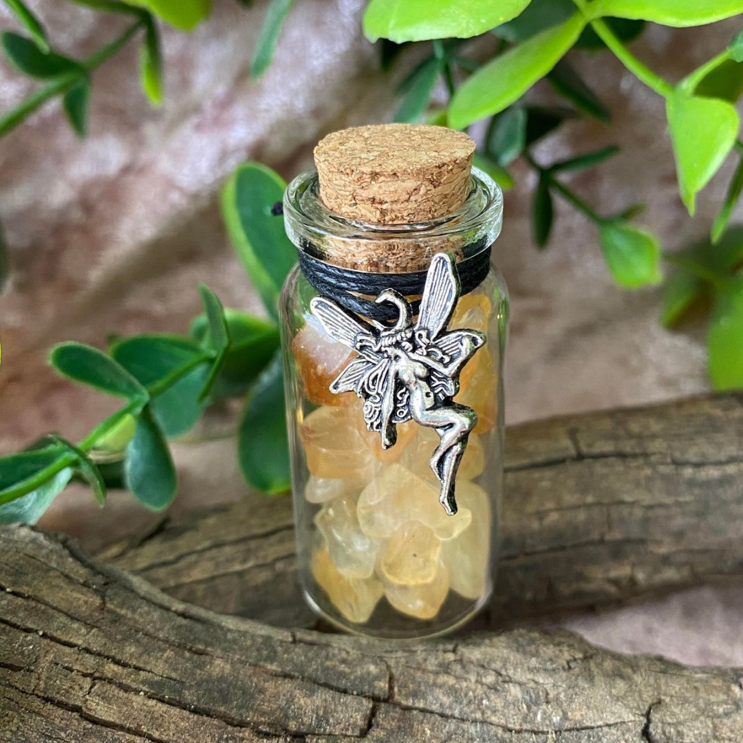 Citrine Crystal Fairy Small Glass Jar with Fairy Charm