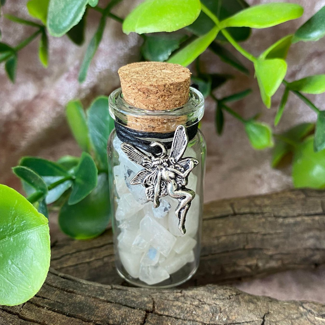 Rainbow Moonstone Crystal Fairy Small Glass Jar with Fairy Charm